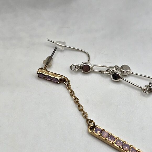 "5/$25" Pair of Mismatched Long Gold and Silvertone Rhinestone Dangle Earrings - Picture 5 of 7